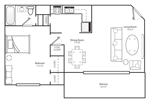 a floor plan of a 1 bedroom apartment with a bathroom and a living room